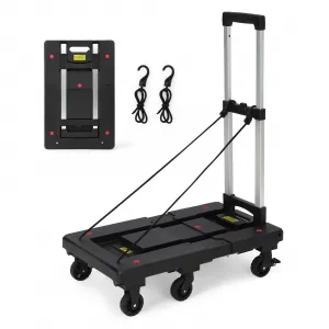 Folding Hand Truck 500 Lb Capacity Collapsible Dolly Cart with 6 Wheels & 2 Elastic Ropes PP Base Adjustable Handle for Moving, Travel, Shopping, Home, Office