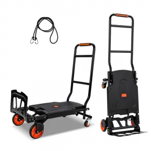 Folding Hand Truck, 330 Lbs Capacity Heavy Duty Dolly Cart, 2 in 1 Convertible Hand Cart with 4 Wheels and 2 Elastic Ropes, Collapsible Platform Cart for Moving, Luggage, Travel, Shopping, Warehouse