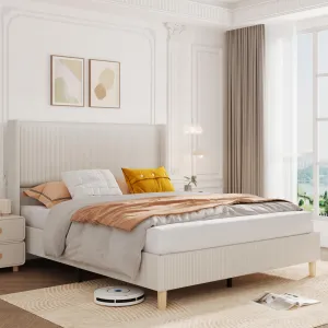 Full Size Corduroy Upholstered Bed Frame, 50.4" Full Bed Frame with Wingback Headboard, No Box Spring Needed, Wooden Slats, Noise Free, Beige