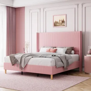 Queen Size Bed Frame, Upholstered Platform Velvet Bed Frame with Vertical Channel Tufted Wingback Headboard, Strong Wooden Slats, No Box Spring Needed, Easy Assembly, Pink