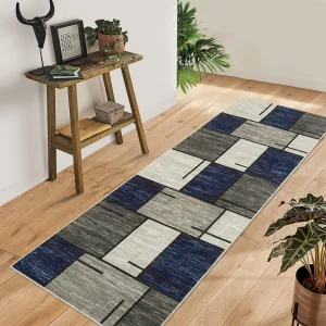 Washable Runner Rug 2x6 Runner Modern Geometric Rug Non Slip Kitchen Rugs Entryway Rug Contemporary Soft Bathroom Rugs Stain Resistant Carpet for Hallway Laundry Blue/Taupe 2'x6'