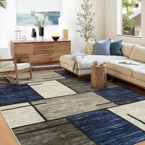 Geometric Blue 8x10 Area Rug - Modern Washable Rug Non-Slip Stain Resistant, Low Pile Soft Indoor Carpet for Living Room Bedroom Dining Room