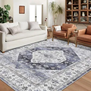 Washable Area Rug 10x13 Large Area Rugs for Living Room Vintage Non-Slip Indoor Soft Accent Carpet Low Pile Non-Shedding Oriental Distressed Throw Rugs for Bedroom Nursery Dorm Office Blue