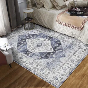 Washable Rug 8x10 Area Rugs for Living Room Vintage Large Area Rug Ultra-Soft Indoor Carpet Non Slip Foldable Thin Rug Oriental Distressed Throw Carpet for Bedroom Nursery Home Office Blue