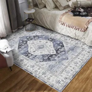 Rug 5x7 Living Room Rug Washable Rugs for Bedroom Ultra-Soft Indoor Kitchen Rug Vintage Floral Distressed Carpet Non Slip Backing Foldable Thin Rug for Dining Nursery Dorm Office Blue