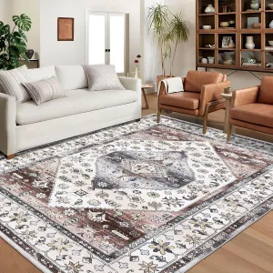 Washable Area Rug 10x13 Large Area Rugs for Living Room Vintage Non-Slip Indoor Soft Accent Carpet Low Pile Non-Shedding Oriental Distressed Throw Rugs for Bedroom Nursery Dorm Office Rust