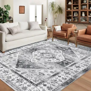 Washable Area Rug 10x13 Large Area Rugs for Living Room Vintage Non-Slip Indoor Soft Accent Carpet Low Pile Non-Shedding Oriental Distressed Throw Rugs for Bedroom Nursery Dorm Office Grey