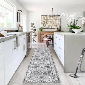 2 x 6 Area Rug Washable Hallway Runner Rug Non-Slip Boho Vintage Rug Low Pile Lightweight Carpet Stain Resistant Distressed Indoor Throw Covers for Bedroom Kitchen Sink Office, Grey