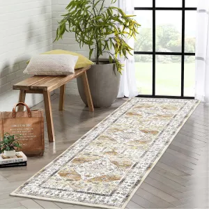 Washable Rug 2 x 6 Hallway Runner Rug Non-Slip Boho Vintage Kitchen Floor Throw Covers Low Pile Stain Resistant Carpet Soft Retro Distressed Rug for Entrance Porch Laundry，Yellow