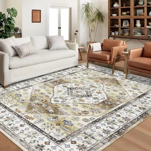 Washable Area Rug 10x13 Large Area Rugs for Living Room Vintage Non-Slip Indoor Soft Accent Carpet Low Pile Non-Shedding Oriental Distressed Throw Rug for Bedroom Nursery Dorm Office Yellow