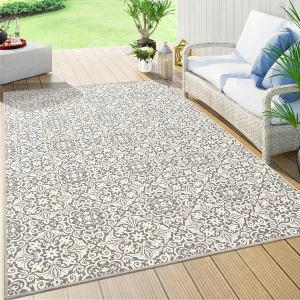 8x10 Area Rug Indoor/Outdoor Area Rug Vintage Floral Area Rug Ultra-Thin Non Slip Floor Mat Easy-Cleaning Farmhouse Rug for Living Room Bedroom Backyard Patio Porch Outdoor Rug Grey