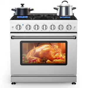 36” Freestanding Gas Range Stove with 6 Sealed Gas Burner & 6.0 Cu.Ft Electric Convection Oven, Stainless Steel Dual Fuel Range, Slide-In Gas Range Combo for Home and Commercial Use