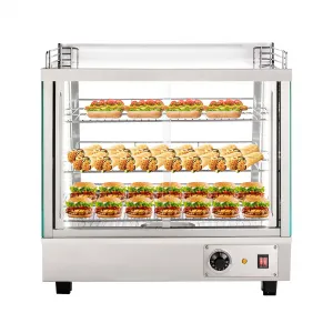 Commercial Food Warmer Display Case With Adjustable Shelves, Glass Sliding Doors, 3 Tier Electric Heated Cabinet For Countertop, Stainless Steel, Tempered Glass