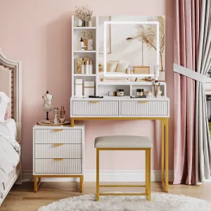 Vanity Desk with Mirror and Lights, Makeup Vanity Desk with 3 Lighting Modes, Makeup Table with Drawers, Stool and Movable Side Storage Cabinet, for Bedroom
