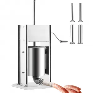 Sausage Stuffer - Manual3L Capacity, Silver, With 5 Stuffing Tubes and 4 Stuffing Tubes