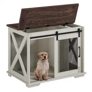 37" Dog Crate Furniture Side End Table with Flip Top and Movable Divider, Wooden Dog Crate Table Large, Style Dog Kennel Side End Table, White