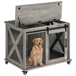 Dog Crate Furniture with Sliding Barn Door, Flip Top Furniture Style Dog Crate End Table with Wheels, Indoor Dog Kennel House with Removable Divider, Gray