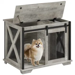 37" Dog Crate Furniture Side End Table with Flip Top and Movable Divider, Wooden Dog Crate Table Large, Style Dog Kennel Side End Table, Gray