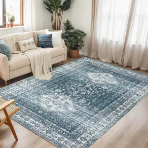 8x10 Large Vintage Area Rug - Traditional Distressed Print, Non-Slip Soft Indoor Rug for Bedroom, Living Room, Dining Room, Blue