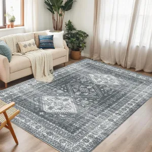 8x10 Large Vintage Area Rug - Traditional Distressed Print, Non-Slip Soft Indoor Rug for Bedroom Living Room Dining Room, Grey