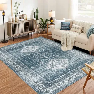 Large Washable Area Rug 5x7 Moroccan Ultra-Thin Foldable Non-Slip Soft Indoor Carpet Blue