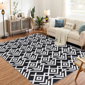 Washable Modern Area Rug, 9x12 Soft Moroccan Geometric Rugs for Living Room, Ultra-Thin Low Pile Large Carpet for Bedroom, Stain Resistant Non Slip Indoor Floor Mat for Dining Room, Black