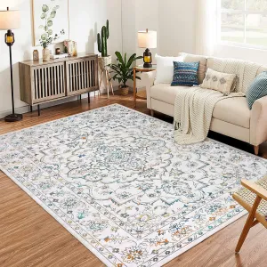 Machine Washable 9x12 Area Rug for Living Room, 9x12 Ultra-Thin Large Floral Print Rugs for Dining Room Home Office, Stain Resistant Non Slip Backing Carpet, Multicolor