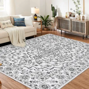 4x6 Ft Boho Area Rugs, Modern Machine Washable Floral Rug, Soft Stain Resistant Carpet with Non Slip Backing, Black