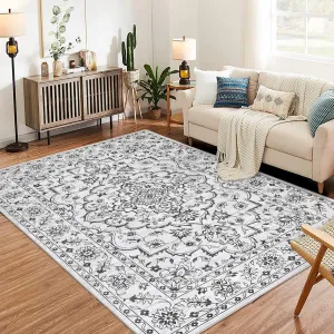 Machine Washable 5x7 Area Rug for Living Room, 5x7 Ultra-Thin Large Floral Print Rugs for Dining Room Home Office, Stain Resistant Non Slip Backing Carpet, Dark Grey