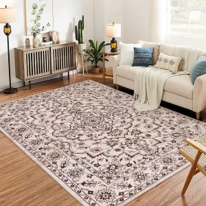 Machine Washable 8x10 Area Rug for Living Room, 8x10 Ultra-Thin Large Floral Print Rugs for Dining Room Home Office, Stain Resistant Non Slip Backing Carpet, Red Brown
