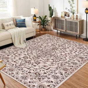 10x13 Ft Boho Area Rug, Modern Machine Washable Floral Carpet, Ultra Thin Low Pile, Non Slip Backing, Camel Red