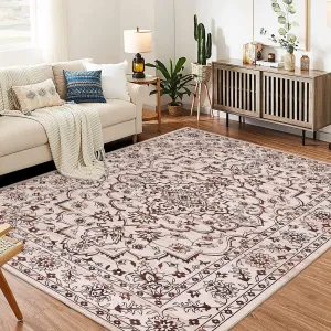 3x5 Ft Boho Area Rugs, Ultra Thin Low Pile Floral Rug with Non Slip Backing, Camel Red for Living Room Bedroom