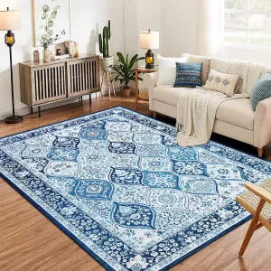 Moroccan Trellis Area Rug 9x12 for Living Room, Washable Ultra-thin Soft Rugs 9x12 for Bedroom, 9x12 Large Non-slip Non Shedding Carpet for Dining Room Office, Blue
