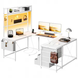 U Shaped Desk with Monitor Stand and LED Lights, U Shaped Gaming Desk with Storage Shelves, Large Computer Desk with Power Outlets, Large Corner Office Desk with 4 Drawers,White