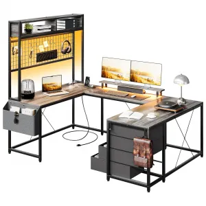 U Shaped Desk with Monitor Stand and LED Lights, U Shaped Gaming Desk with Storage Shelves, Large Computer Desk with Power Outlets, Large Corner Office Desk with 4 Drawers,Oak