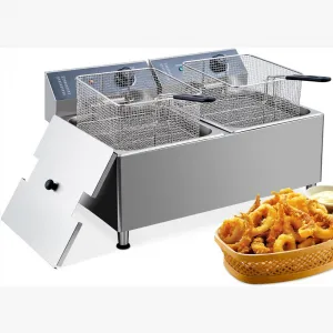 23.2QT Deep fryer, Commercial Deep Fryer 22L Dual Tank Electric Deep Fryers with Basket Electric Countertop Fryer, for Extra Large Thick Frying Basket and Lid, 1700 W, 110V