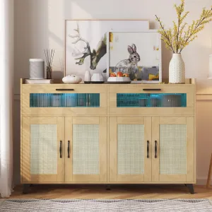 Sideboard Buffet Cabinet With Power Outlet & LED Light, Kitchen Storage Cabinet With 2 Fluted Acrylic Drawers & 4 Rattan Doors, Coffee Bar Cabinet Wood Buffet Table for Kitchen, Dining Room (Natural)