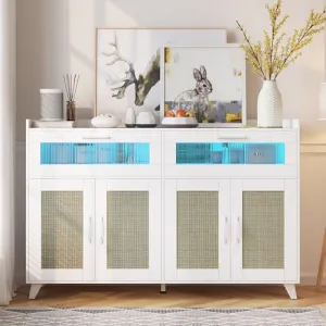 Sideboard Buffet Cabinet With Power Outlet & LED Light, Kitchen Storage Cabinet With 2 Fluted Acrylic Drawers & 4 Rattan Doors, Coffee Bar Cabinet Wood Buffet Table for Kitchen, Dining Room (White)