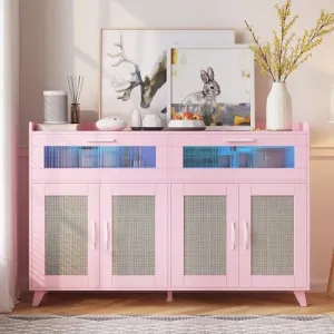 Sideboard Buffet Cabinet With Power Outlet & LED Light, Kitchen Storage Cabinet With 2 Fluted Acrylic Drawers & 4 Rattan Doors, Coffee Bar Cabinet Wood Buffet Table for Kitchen, Dining Room (Black)