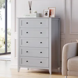 5 Chest of Drawer Dresser, Modern Tall Nightstand with Deep Drawers and Nickel Round Handle, Wood Organizer Storage Cabinet for Bedroom, Living Room, Hallway, Grey