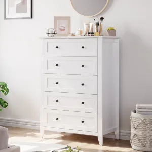 5 Drawer Dresser for Bedroom, Wood Dresser with Deep Space & Metal Knobs, Tall Dresser Closet Organizer, Modern Chests of Drawers for Living Room, Entryway, Hallway, White