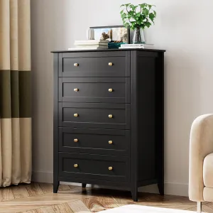 5 Drawer Dresser for Bedroom, Wood Dresser with Deep Space & Metal Knobs, Tall Dresser Closet Organizer, Modern Chests of Drawers for Living Room, Entryway, Hallway, Black