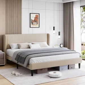Full Bed Frame, Platform Bed Frame with Upholstered Wingback Headboard, Heavy-Duty Frame Support, Noise-Free, Easy Assembly, No Box Spring Needed, Beige