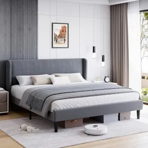 Full Bed Frame, Platform Bed Frame with Upholstered Wingback Headboard, Heavy-Duty Frame Support, Noise-Free, Easy Assembly, No Box Spring Needed, Dark Gray