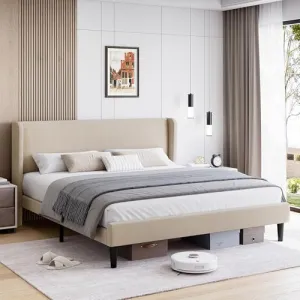 King Bed Frame, Platform Bed Frame with Upholstered Wingback Headboard, Heavy-Duty Frame Support, Noise-Free, Easy Assembly, No Box Spring Needed, Beige