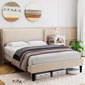 Queen Bed Frame, Upholstered Platform Bed with Wingback Headboard, Velvet Upholstered Bed Frame with 2 Storage Pockets, Strong Wooden Slat Support, Easy Assembly, Box Spring Optional, Beige