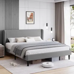 King Bed Frame, Platform Bed Frame with Upholstered Wingback Headboard, Heavy-Duty Frame Support, Noise-Free, Easy Assembly, No Box Spring Needed, Light Gray