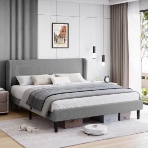 Full Bed Frame, Platform Bed Frame with Upholstered Wingback Headboard, Heavy-Duty Frame Support, Noise-Free, Easy Assembly, No Box Spring Needed, Light Gray