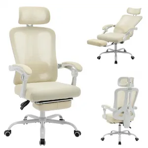 Ergonomic Office Chair with Adjustable Headrest & Lumbar Support, Retractable Footrest, Mesh Material, Reclining & Swivel, Wheels, Home Office Use, Beige