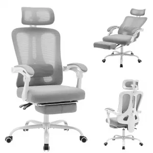 Ergonomic Office Chair with Adjustable Headrest & Lumbar Support, Retractable Footrest, Mesh Material, Reclining & Swivel, Wheels, Home Office Use, Grey
